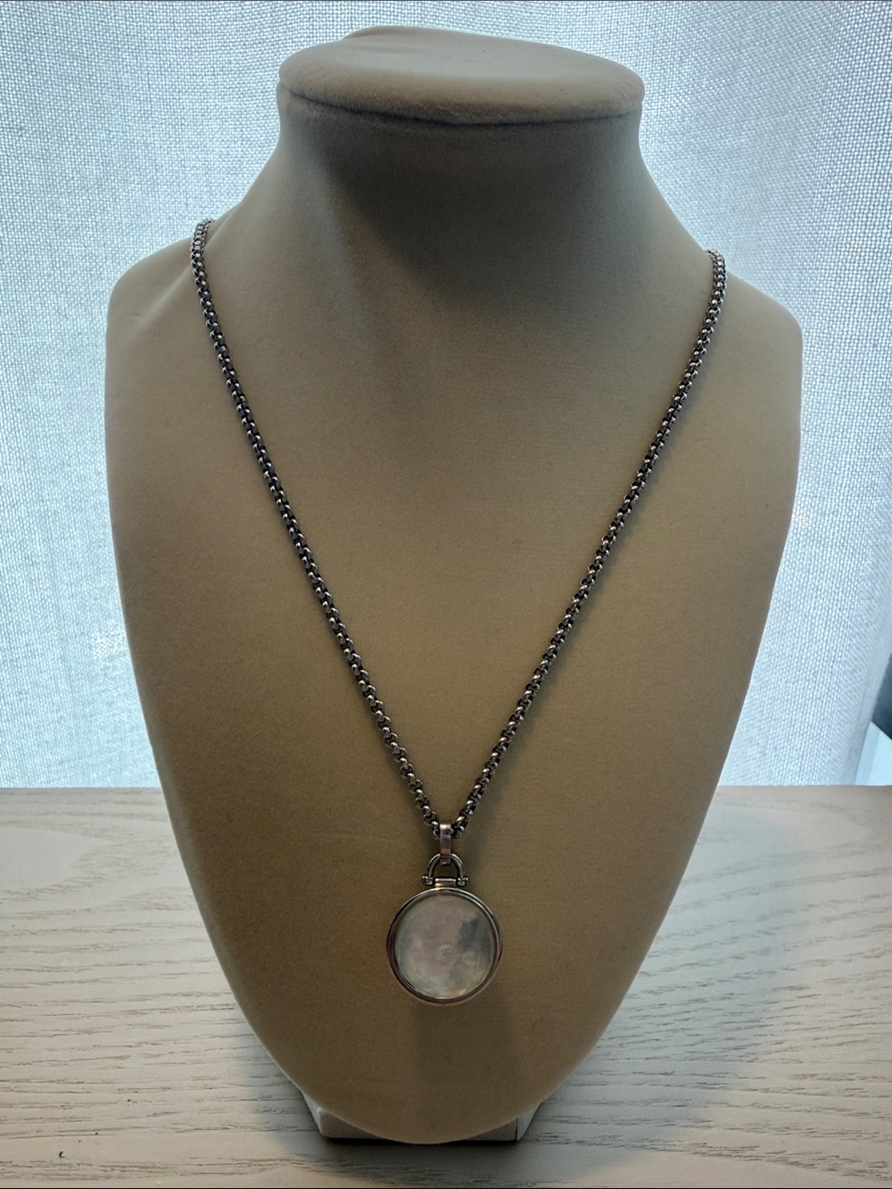 Fossil Silver Tone Moon Stone Pendant Long Necklace